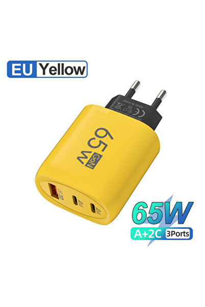 Choice EU Yellow 65W GaN 3 Ports USB Charger PD Type C Fast Charging Charger Power Adapter Portable Quick C