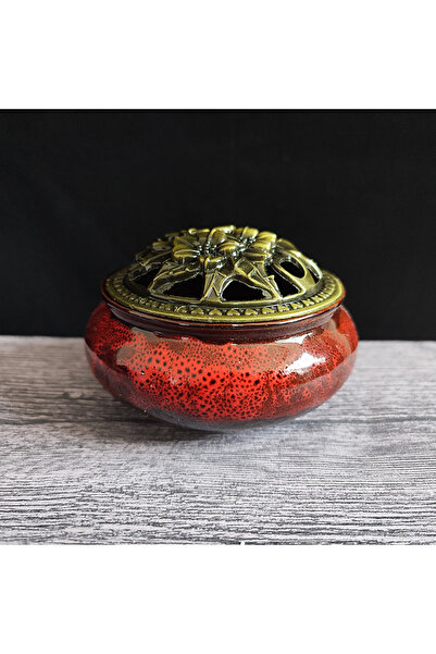 Choice Gradient-red Ceramic Ice Crack Coil Incense Burner with Copper Cover, Colorful Antique Alloy Incense