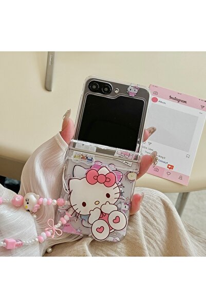 Miniso With Holder Lanyard For Samsung ZFilp 7 Cute Cartoon Sanrio Hello Kitty Stand Holder Phone Case For