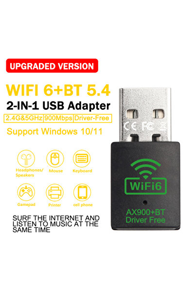 Choice Black 2 in 1 Upgraded 900Mbps USB WiFi 6 wireless Network Card (2.4G/5GHz/Driver-Free)+Bluetooth 5.4
