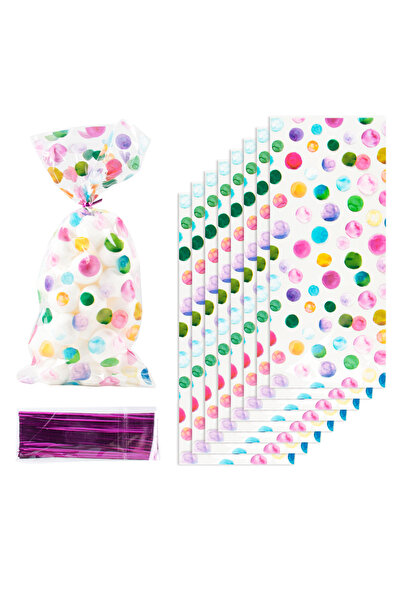 Choice أكياس حلوى مقاس 12.5 × 27.5 سم، 50 قطعة، أكياس هدايا بلاستيكية من السيلوفان مطبوع بنقاط قوس قزح