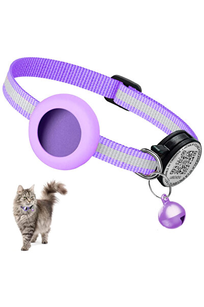 Choice طوق قطط مزود بخاصية تتبع GPS باللون الأرجواني بدون محدد AirTag مع علامة اسم QR وحامل AirTag، حماية 2 في 1