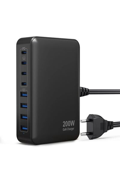 Choice كوريا قابس أسود 200 واط محطة شحن سريع USB C كتلة شاحن 8 منافذ PD 65 وا...