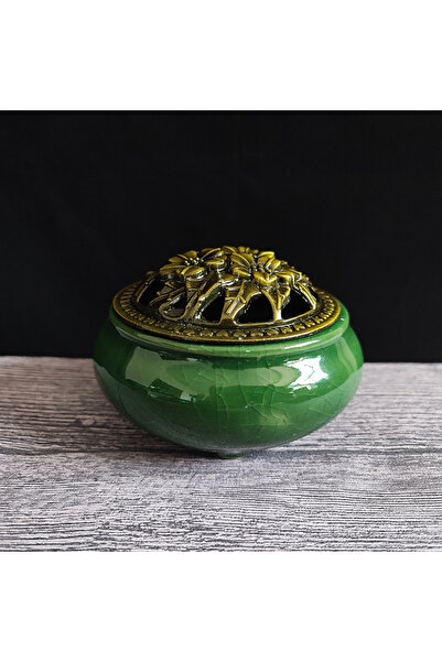 Choice Ice cracks-Dark gree Ceramic Ice Crack Coil Incense Burner with Copper Cover, Colorful Antique Alloy
