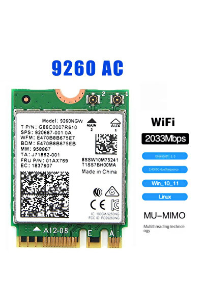 Choice 9260 9260NGW 9260AC WiFi 5 Wireless Network Card Bluetooth 5.0 2033Mbps 802.11AC Dual-Band 2.4G 5G