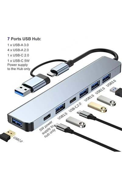 Choice 7 في 2 رمادي نوع C USB A Hub Docking Station محول متعدد قارئ بطاقة SD ...