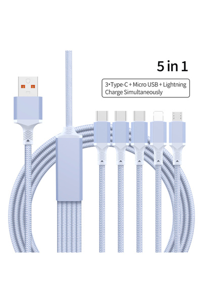Choice كابل شحن متعدد 5 في 1-3C1M1L بطول 1.2 متر، محول شحن سريع USB مضفر من ا...