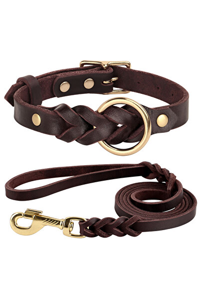 Choice مجموعة طوق كلاب من الجلد الطبيعي مضفر ومتين من الجلد الطبيعي مقاس L باللون البني، مناسب للكلاب متوسطة الحجم وكبيرة الحجم
