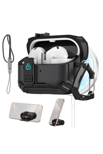 Choice جراب لهاتف Galaxy Buds 3Pro باللون الأسود 2025 لسماعات Buds 3 /3Pro مزود بقفل آمن وحامل هاتف وغطاء واقٍ