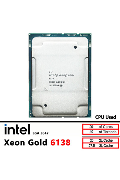 Intel Xeon Gold 6138 Used 2.0GHz 27.5MB Smart Cache 20-Cores 40-Thread 125W A3647 CPU processor