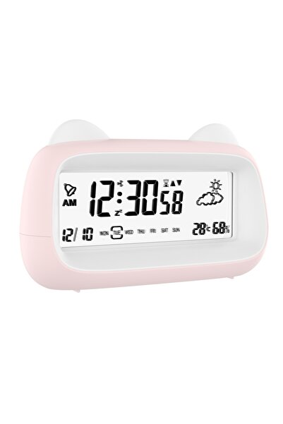 Choice ساعة منبه رقمية وردية اللون مع شاشة عرض درجة الحرارة والرطوبة الأسبوعية وإضاءة خلفية على شكل قطة لطيفة للأطفال