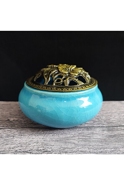 Choice Ice cracks-Sky Blue Ceramic Ice Crack Coil Incense Burner with Copper Cover, Colorful Antique Alloy