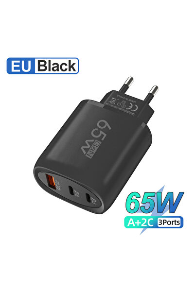 Choice EU Black 65W GaN 3 Ports USB Charger PD Type C Fast Charging Charger Power Adapter Portable Quick Ch