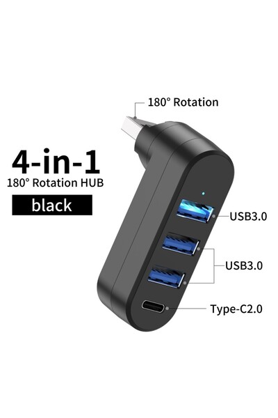Choice موزع USB 3.0 2.0 صغير أسود 4 في 1 قابل للدوران 180 درجة مزود بـ 4 مناف...