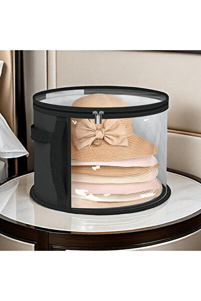 Choice Round Black Extra-Large Foldable Hat Storage Box - Durable Non-Woven Fabric, Stain-Resistant with Cl
