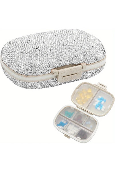 Choice منظم حبوب أبيض لامع مع 8 حجرات حافظة حبوب محمولة من الكريستال الماسي ت...