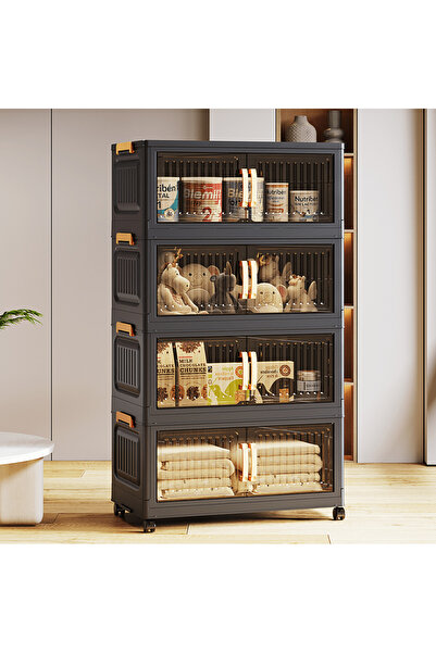 Generic 4-Tier 50cm Wide Black Plastic Storage Cabinet with Wheels & Handles