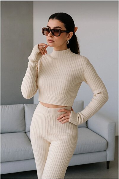 trivvy Set tricotat damă cu top și pantaloni, detaliu cu buclă pentru deget, alb, sezon nou