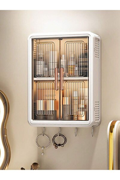 Generic Minimalist Wall-Mounted Storage Cabinet with Bottom Hooks, Modern Floating Wall Organizer with Door