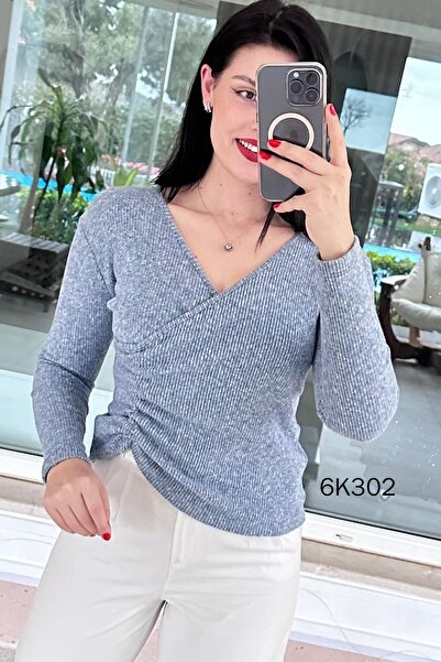 İnce Topuk Drawstring Ribbed Knit Yumoş Blouse 6K302