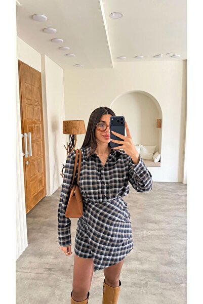 Gaus Navy Blue Buttoned Plaid Patterned Equivalent Shirt Dress Gaus-00877