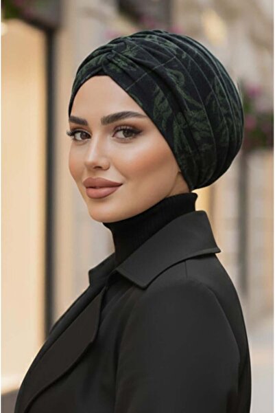 Aişe tesettür Siyah Haki Desenli Büzgülü Salaş Bone