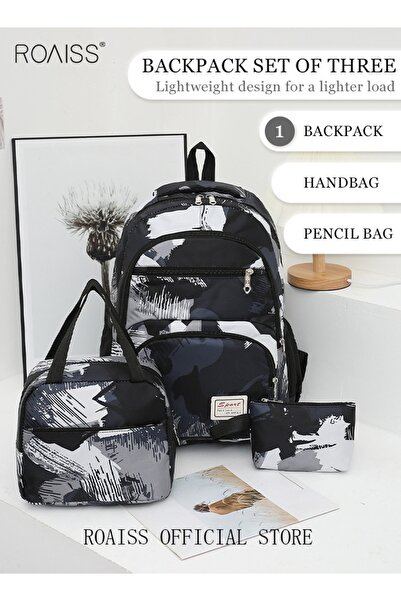 ROAISS حقيبة ظهر كبيرة السعة مكونة من 3 قطع بألوان مموهة متناسقة مع علبة غداء وحافظة أقلام مدرسة الحرم الجامعي