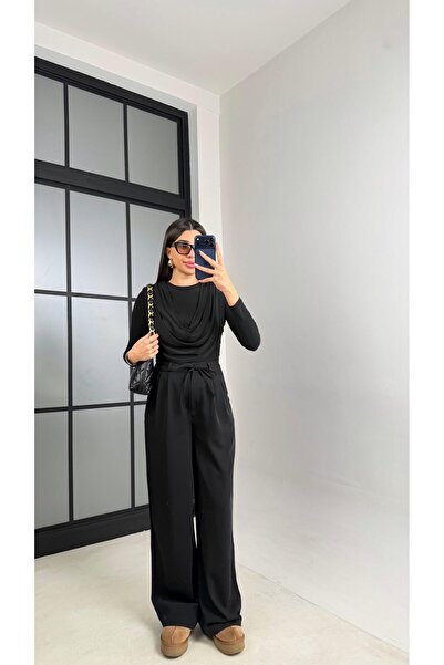 Gaus Black Elastic Waist Belted Imported Fabric Trousers Gaus-00869