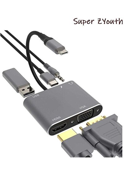 Super ZYouth 5-in-1 USB-C Hub Adapter with 4K HDMI, VGA, 100W PD, USB 3.0 & 3.5mm Audio