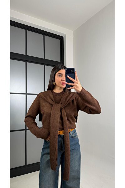 Gaus Coffee Shawl Detailed Knitwear Sweater Gaus-00862