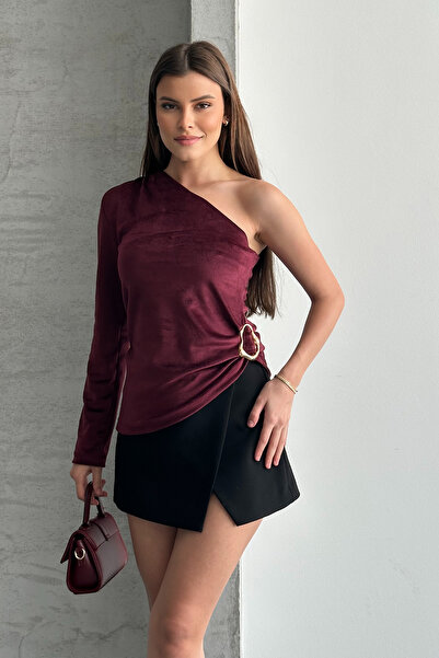 GİYSA Bluză de catifea cu guler asimetric pentru femei, cu detalii accesorii,...