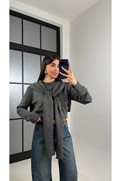 Gaus Anthracite Shawl Detailed Knitwear Sweater Gaus-00862