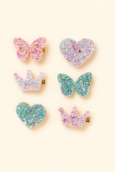 LİNACO 6’lı Simli Kelebek,Kalp ve Taç Toka Seti - Renkli Glitter