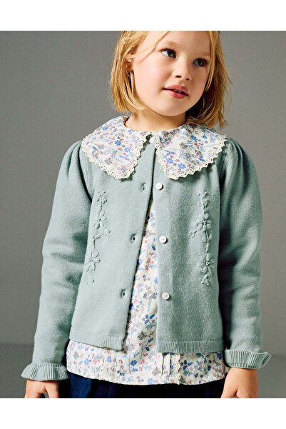 Ziddy كارديجان مع تطريز وكشكشة B&S للبنات، أخضر فاتح
