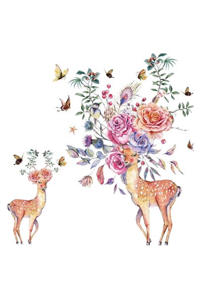 Yash Sticker decorativ, Caprioare, flori si fluturi, 92x95 cm, multicolor