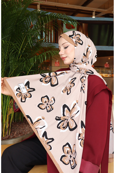 sefamerve Floral Patterned Capri Shawl 70344-01 Brown Mink