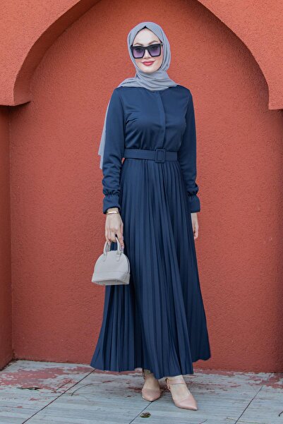 Tesettür Çarşım Piliseli Kemerli Çelik Örme Elbise-Laci