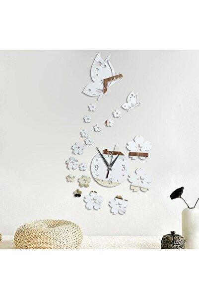 Yash Decorative 3D acrylic mirror clock, Butterflies and flowers, dimensions 35x61 cm, silver color