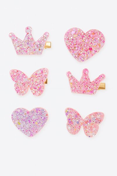 LİNACO 6’lı Simli Kelebek,Kalp ve Taç Toka Seti - Renkli Glitter