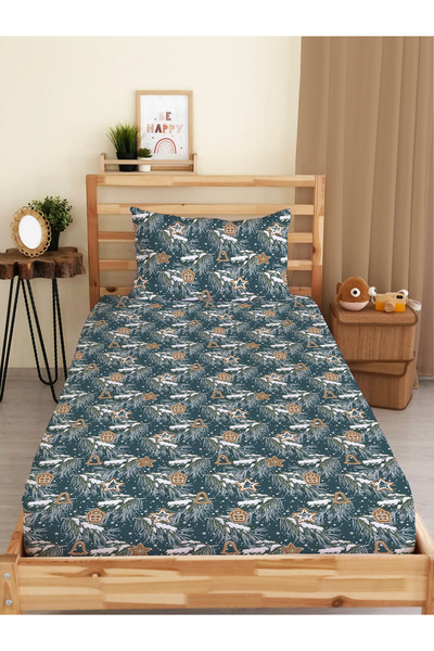 Evmila Set de cearșafuri elastice digitale cu imprimeu cu model de Anul Nou (bumbac) – 100x200cm