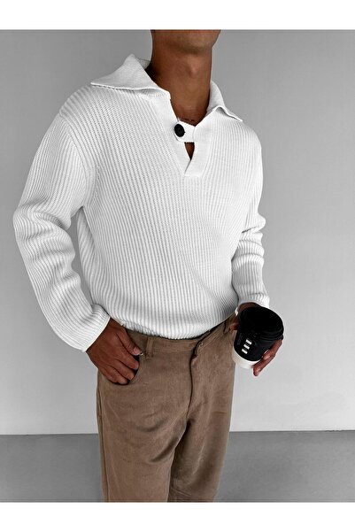 ablukaonline Men's Oversized Button Striped Sweater Ecru