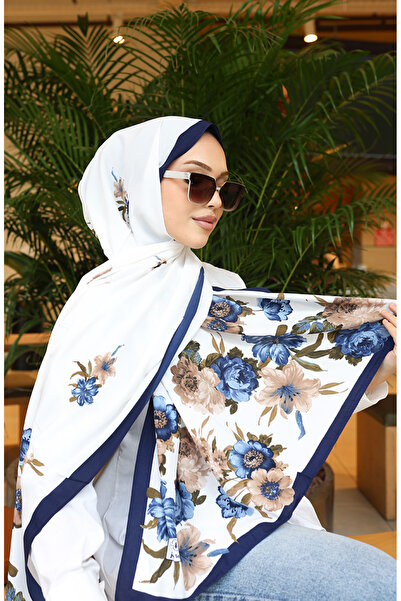 sefamerve Şal Capri cu Motive Florale 70346-05 Albastru Marin Maro