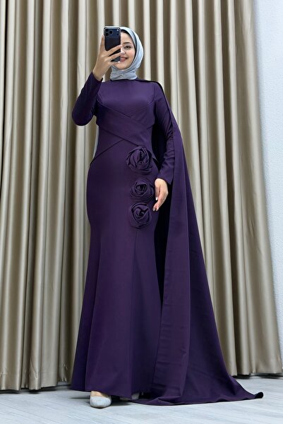 Matik Abiyem Zarif Drapeli Çiçek Detaylı Tesettür Abiye – Kuyruklu Modern Özel Gün Elbisesi