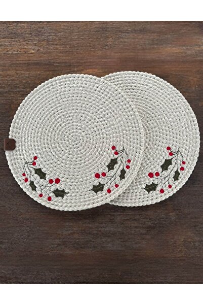 home inn 2’li Beyaz Hasır Görünümlü Yılbaşı Supla Seti – Nakış İşlemeli, 35 cm, Şık Masa Süsü