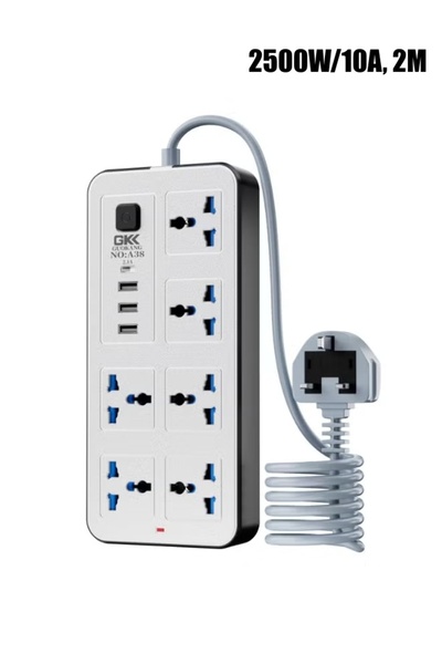 Generic شريط طاقة بستة منافذ مع 3 منافذ USB ومنفذ واحد من النوع C، 2500 واط/10 أمبير، حماية من زيادة التيار، مفتاح مضاء بطول 2 متر