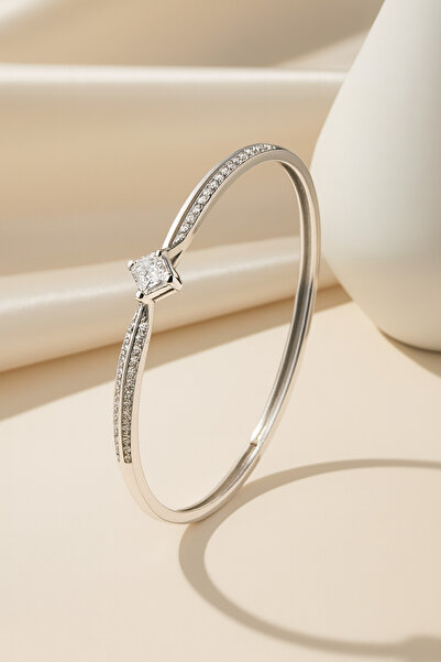 OSMANLI GÜMÜŞ Kadın Tektaş Gümüş Bileklik – Prenses Kesim Ve Işıltılı Sıra Zi...