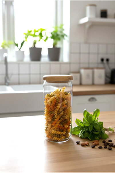 FH finehome Dengi Acacia Flat Lid Glass Jar 9X20Cm