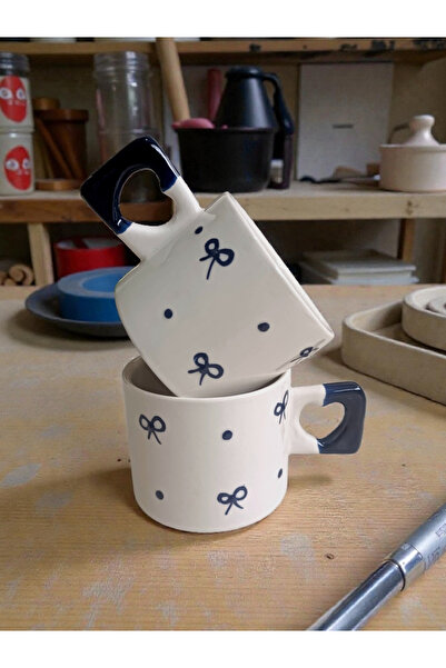 Simge Seramik 2-Piece Handcrafted Ribbon Embroidered Natural Ceramic Mug Cup Tea / Cappuccino Cup