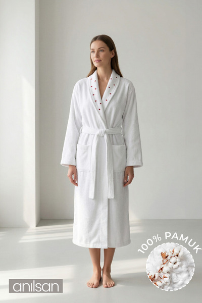 Anılsan Şalyaka Bornoz Beyaz, Kalp Nakış %100 Pamuk Unisex Spa Için Ideal, Gü...