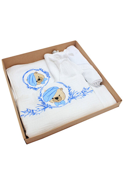 PRICHINDEL Set botez din muselină, 7 piese, Teddy cu papion albastru, brodat,...